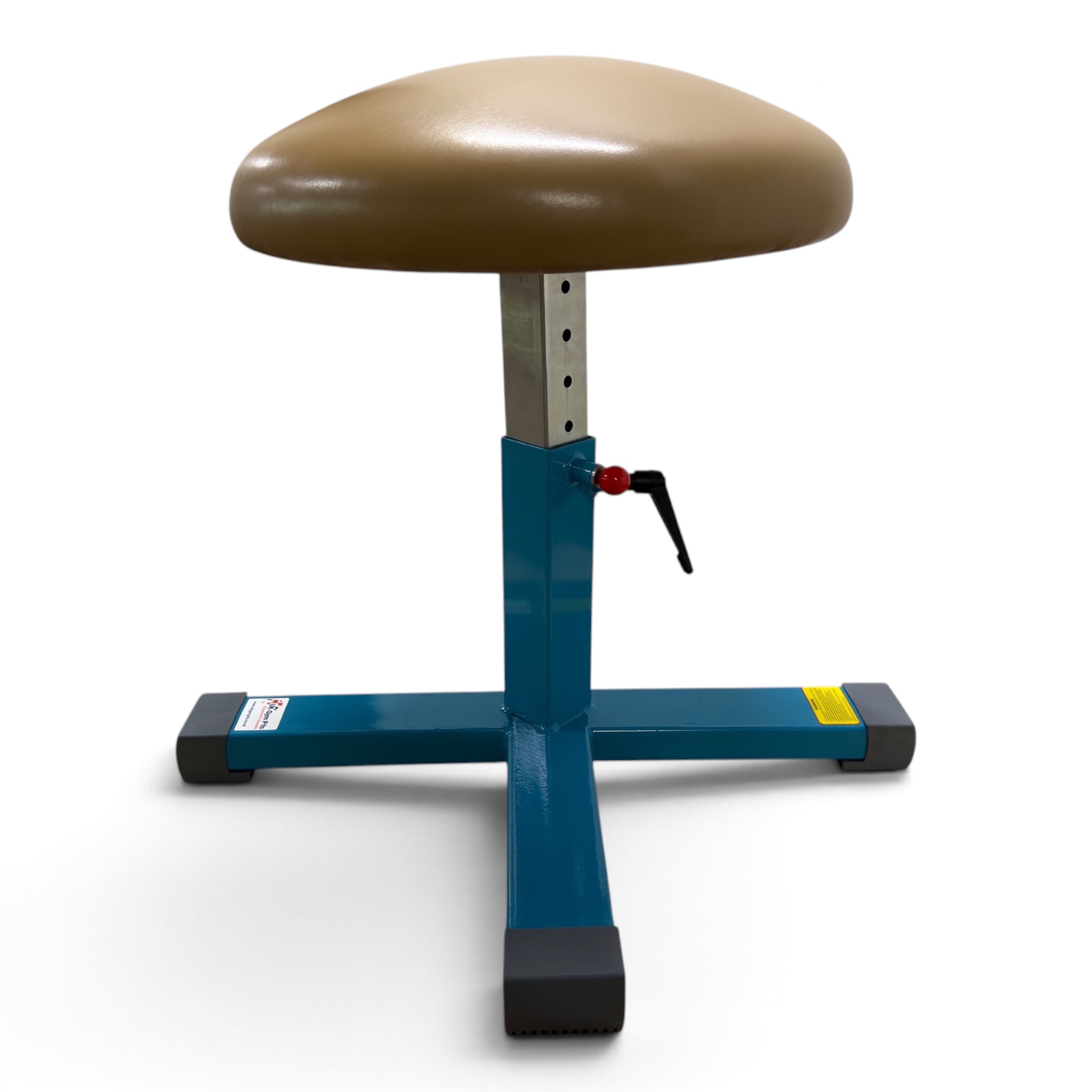 UK Gym Pits height adjustable gymnastics training mushroom with a tan PU leatherette top and blue steel base.