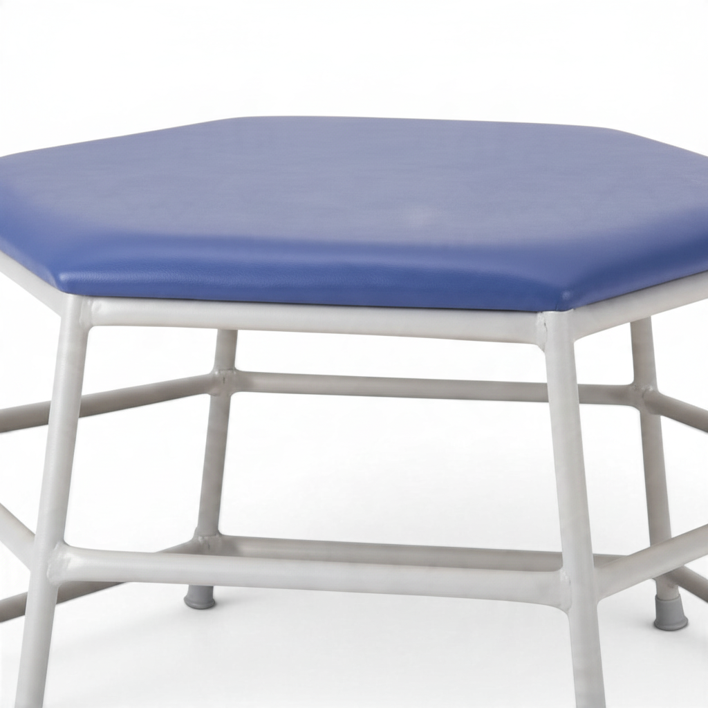UK Gym Pits hexagonal movement table with a blue padded PVC top and a silver powder-coated aluminium frame.