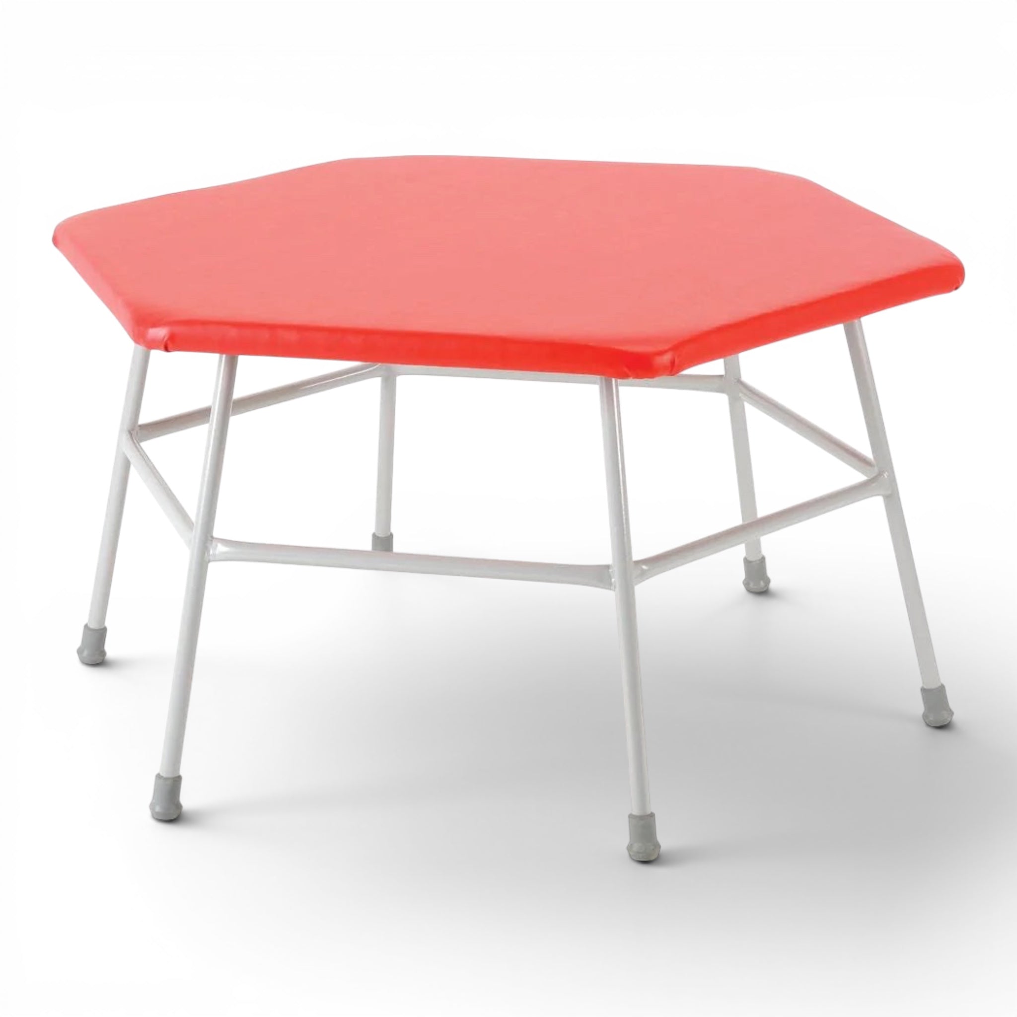 UK Gym Pits hexagonal movement table with a red padded PVC top and a grey powder-coated tubular steel frame.