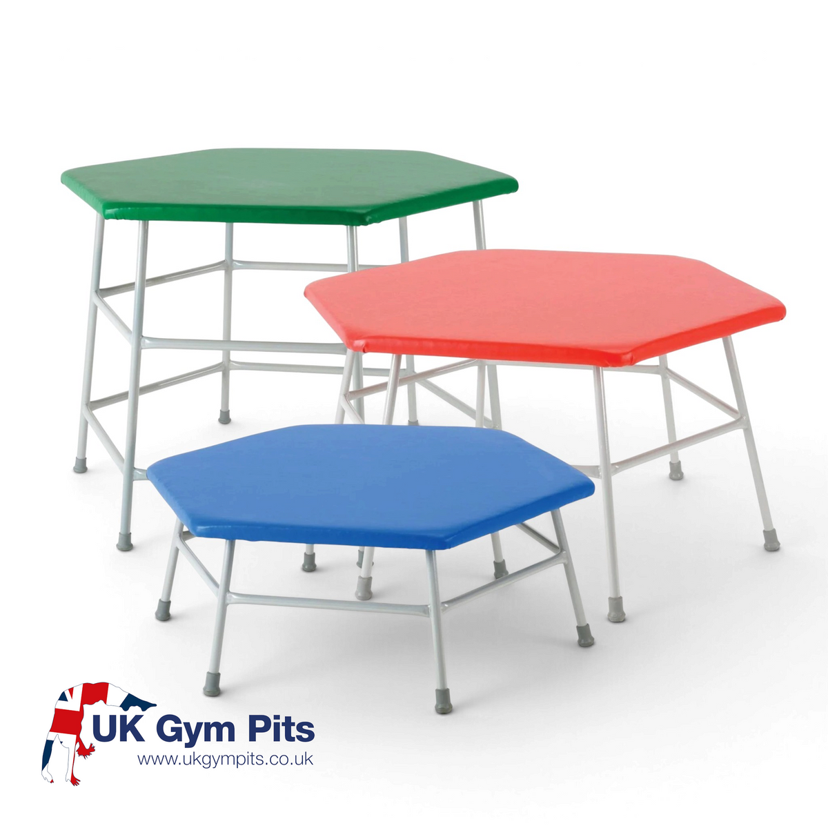 UK Gym Pits set of three hexagonal movement tables with padded PVC tops in blue, red, and green on grey steel frames.