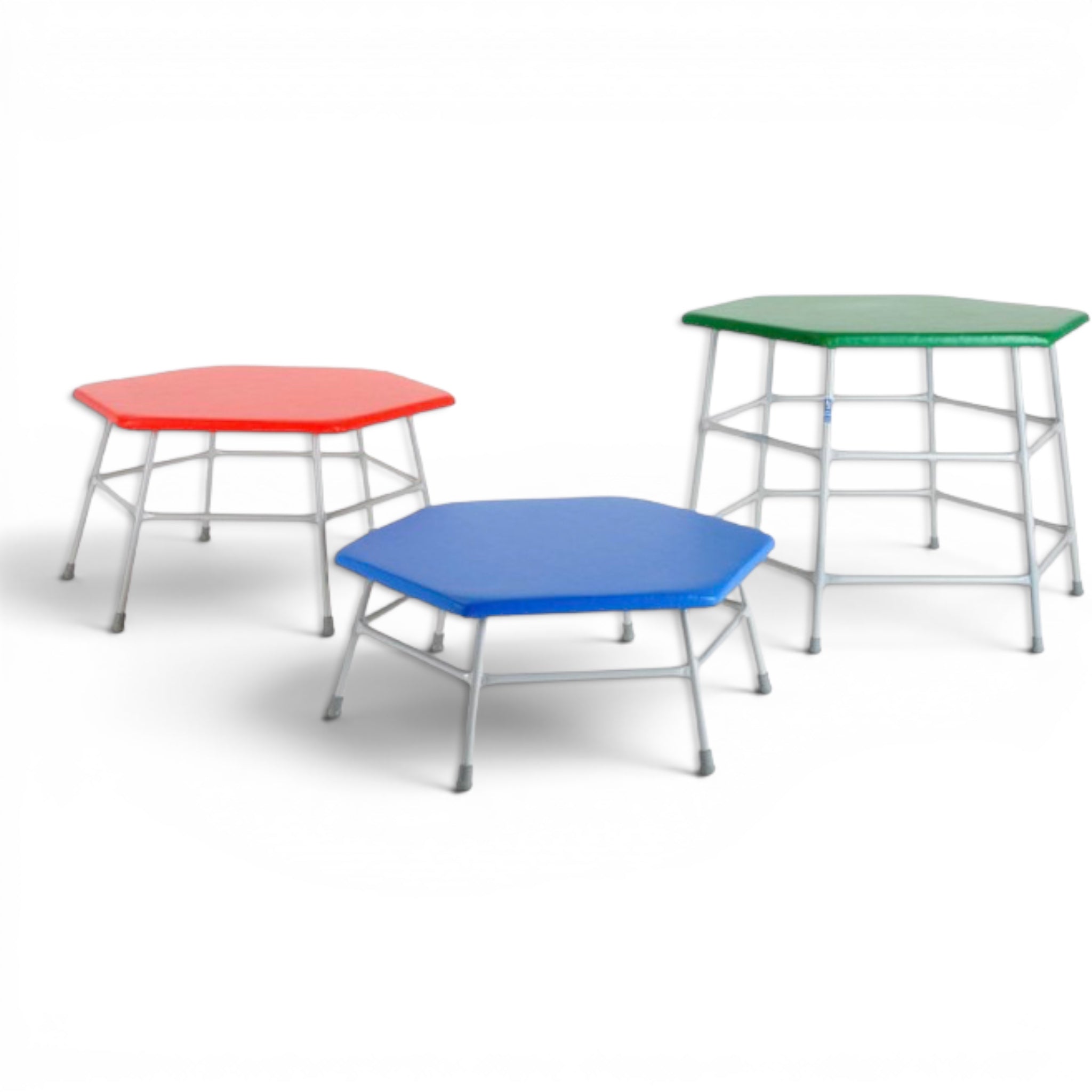 UK Gym Pits set of three hexagonal movement tables with grey steel frames and padded blue, red, and green PVC tops.