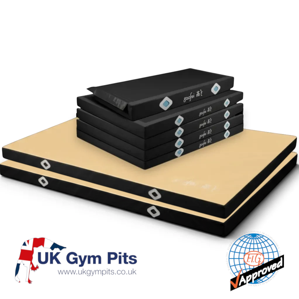 UK Gym Pits FIG approved high bar landing mats with black and beige PVC vinyl finish and Velcro locking system