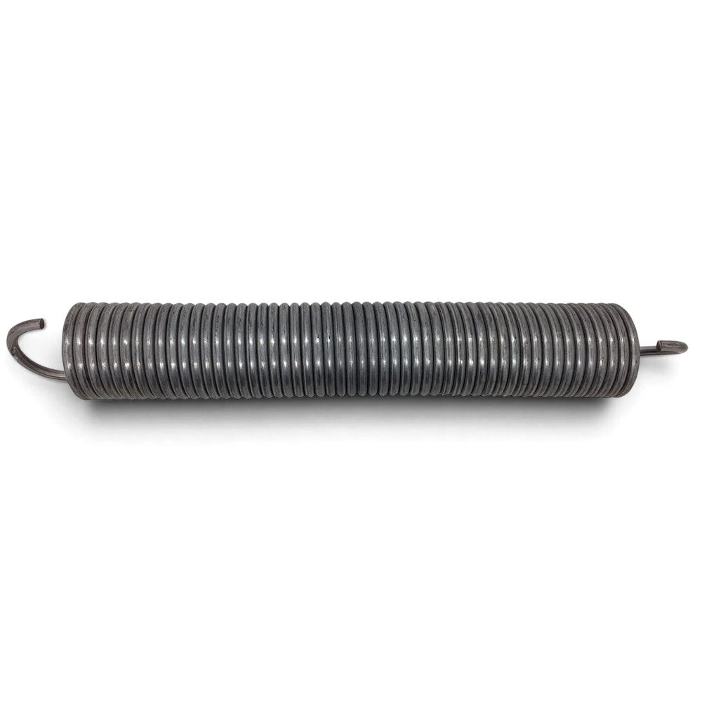 UK Gym Pits high tensile steel replacement spring for GMEX trampolines with hook ends on a black background