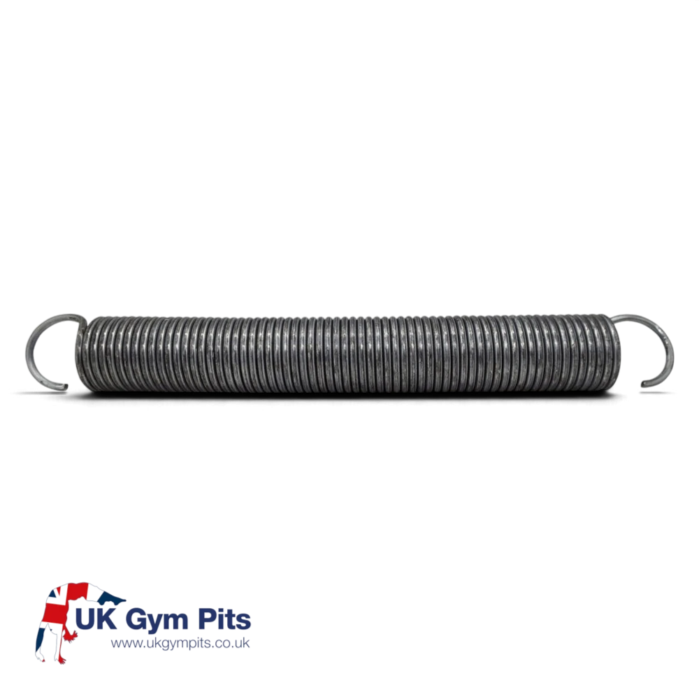 UK Gym Pits high tensile steel replacement spring for GMEX trampolines on a black background
