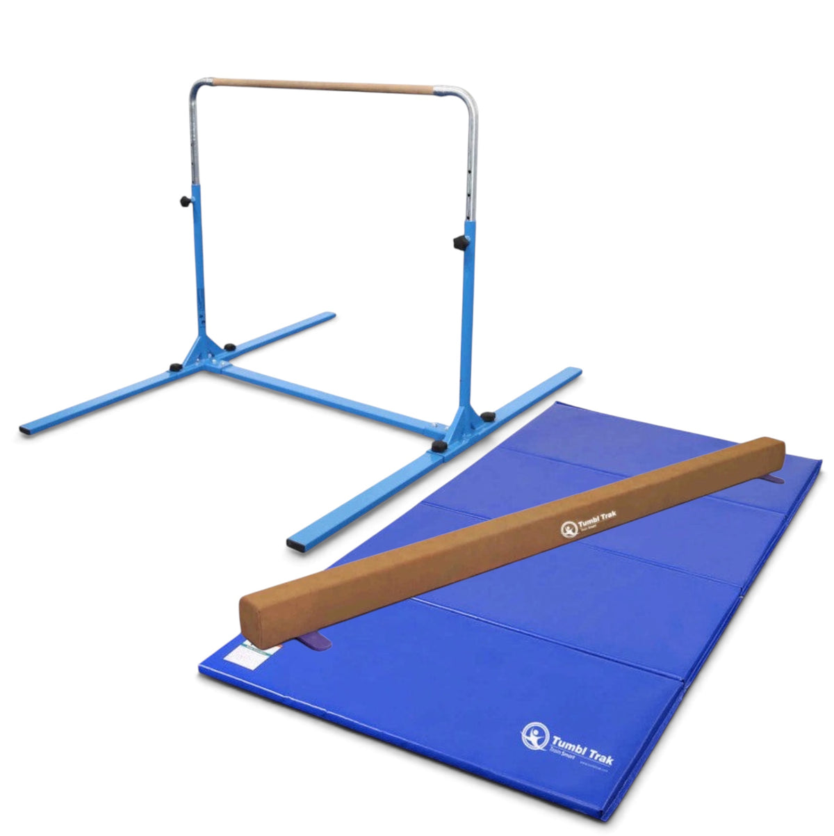 UK Gym Pits home gym essentials package featuring a blue junior bar, brown suede balance beam, and blue folding mat.