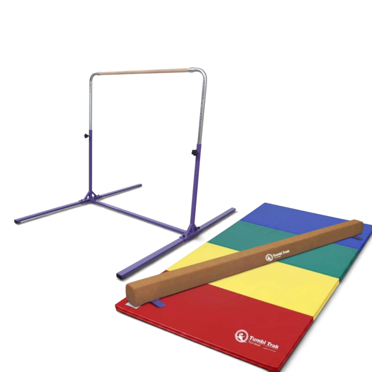UK Gym Pits home gym essentials package with a purple kip bar, synthetic suede balance beam, and folding floor mat.