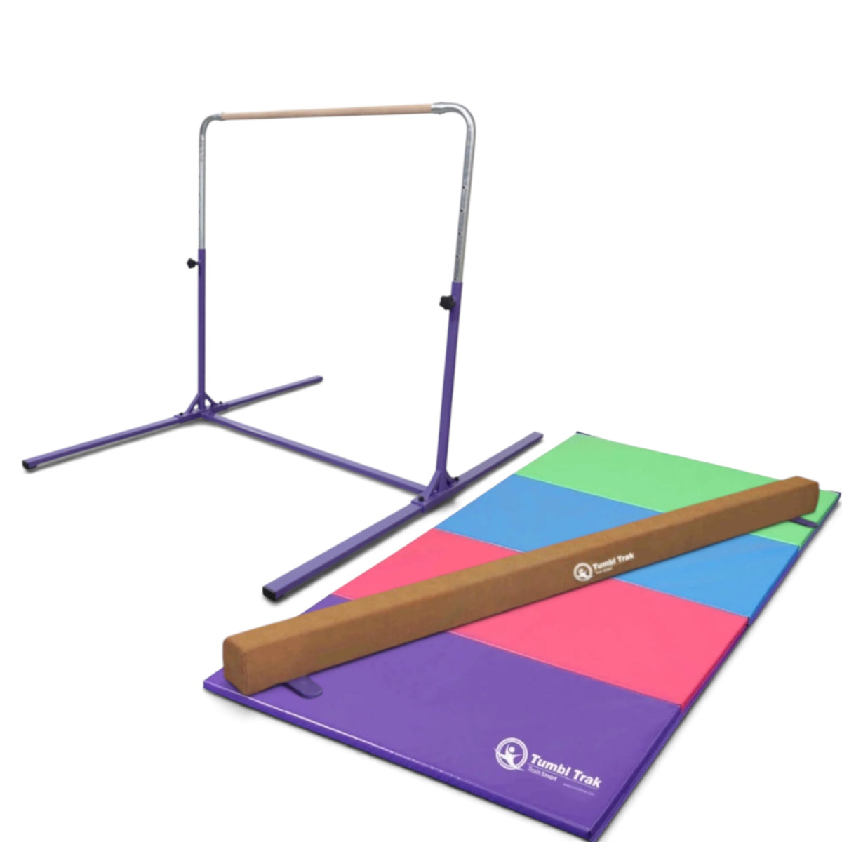 UK Gym Pits home gym essentials package featuring a purple adjustable kip bar, suede balance beam, and folding mat.
