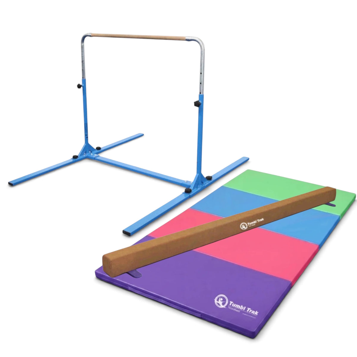 UK Gym Pits home gym essentials package featuring a blue junior bar, suede balance beam, and multi-coloured mat.