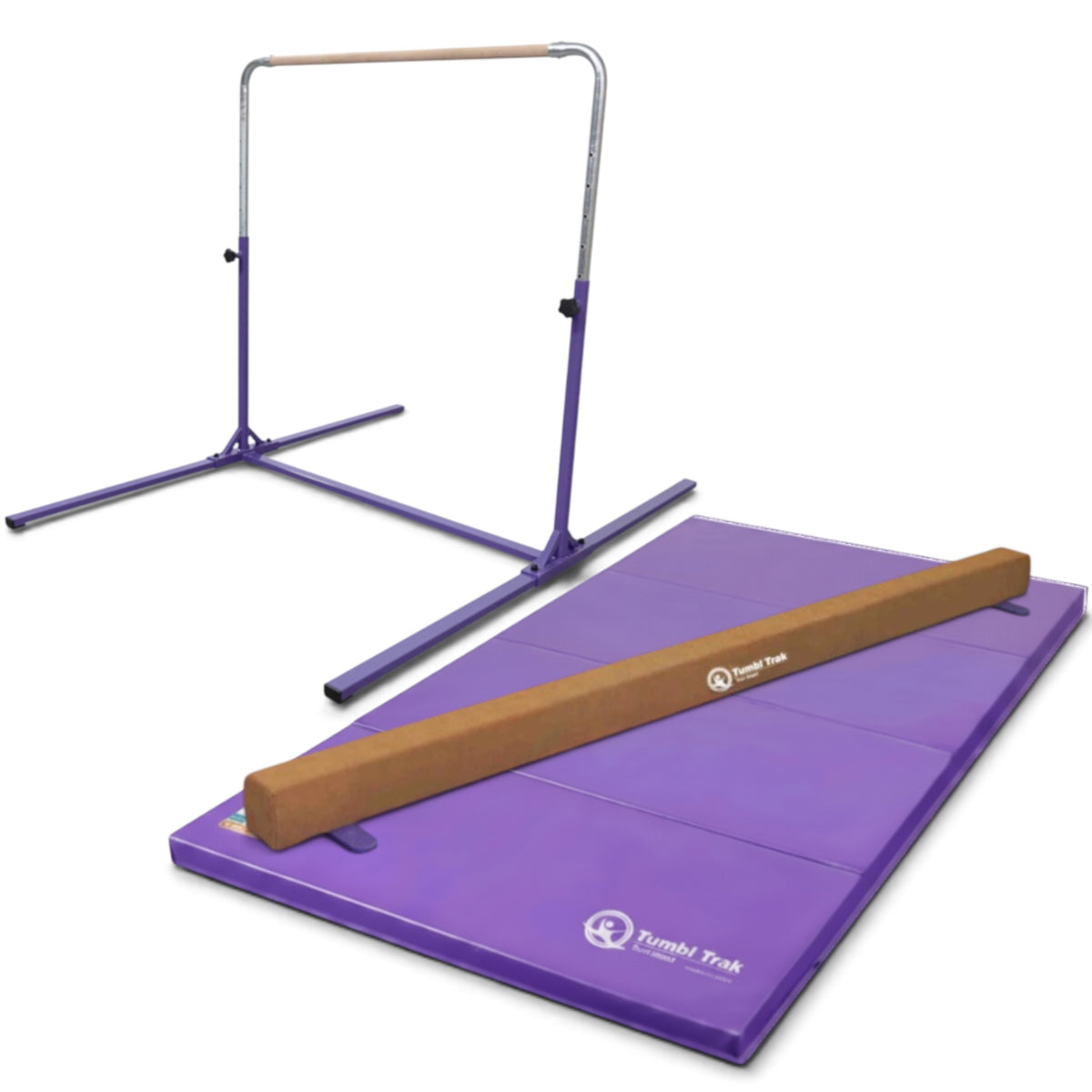 UK Gym Pits home gymnastics set with a purple adjustable kip bar, suede balance beam, and a folding purple tumbling mat.