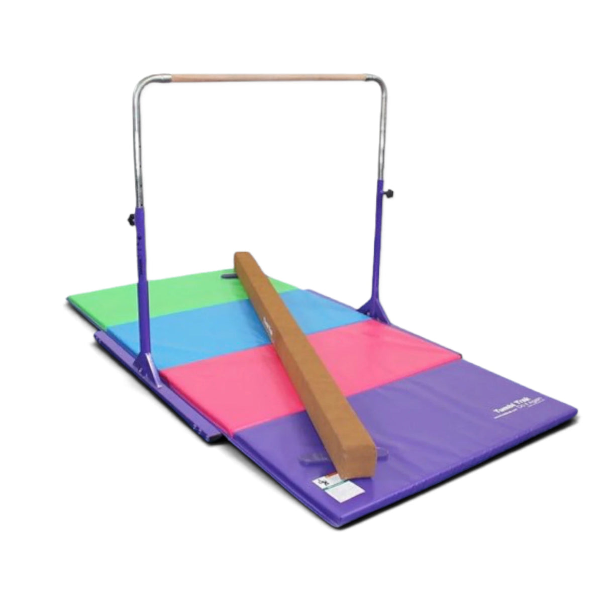 UK Gym Pits home gymnastics package with a purple kip bar, suede balance beam, and a multi-coloured folding mat.