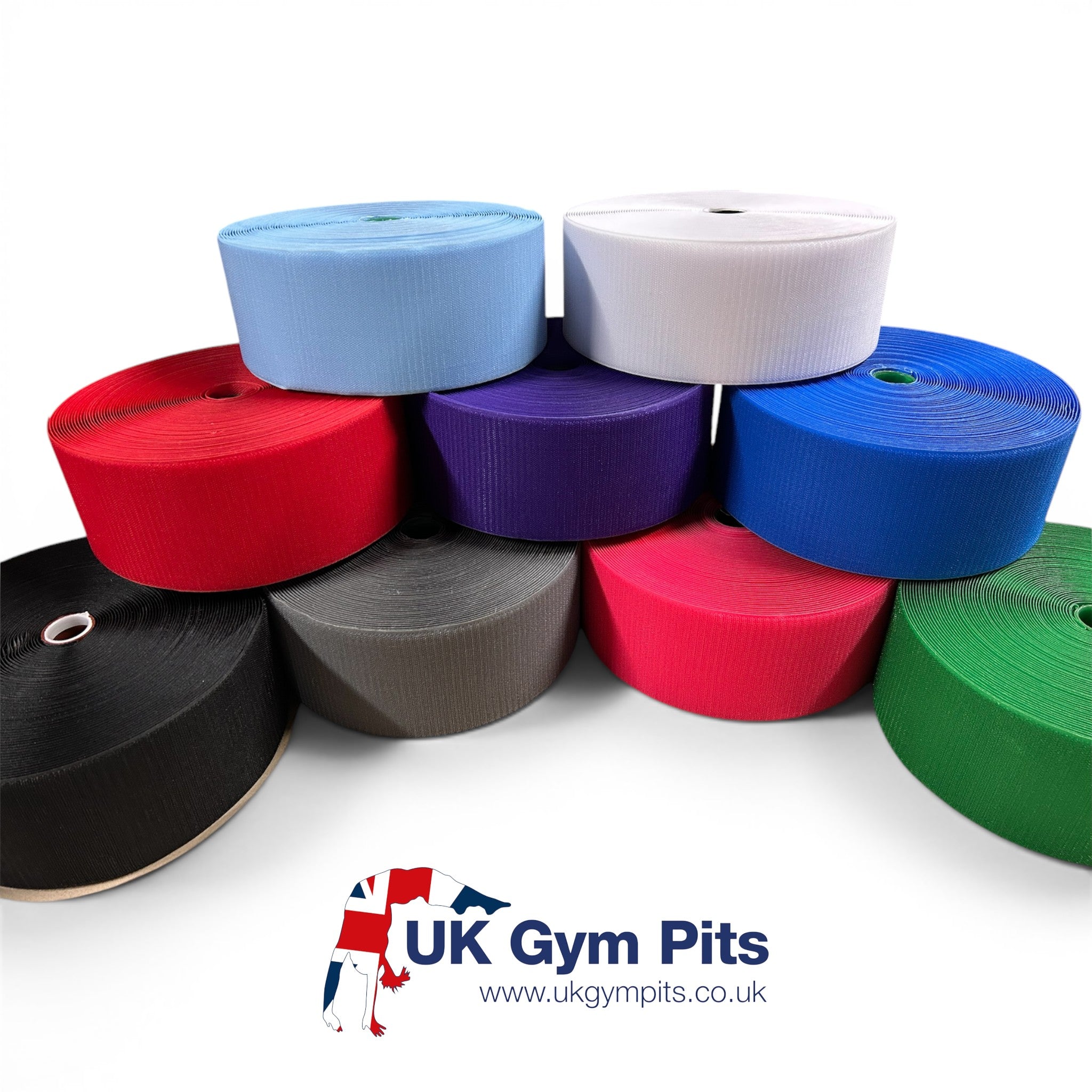 UK Gym Pits hook velcro rolls in various colours for joining carpet mat rolls in gym settings.