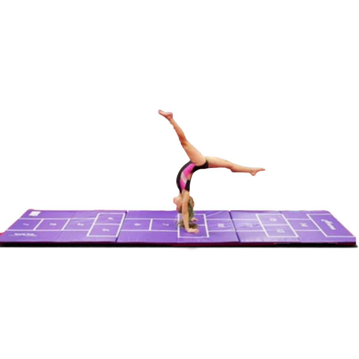 UK Gym Pits hopscotch mat with a young gymnast performing a handstand on the purple vinyl surface