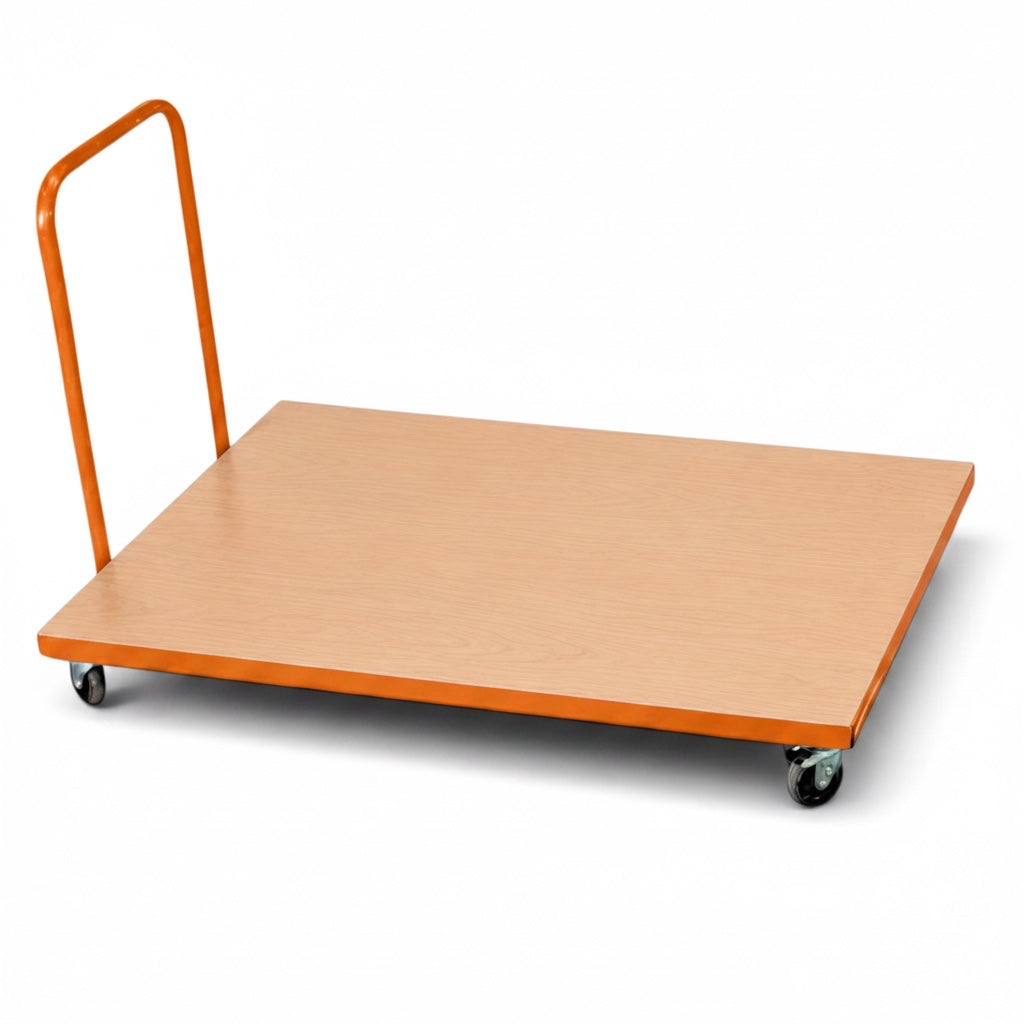 UK Gym Pits horizontal mat trolley with an orange metal frame, wooden platform, and heavy-duty castor wheels.