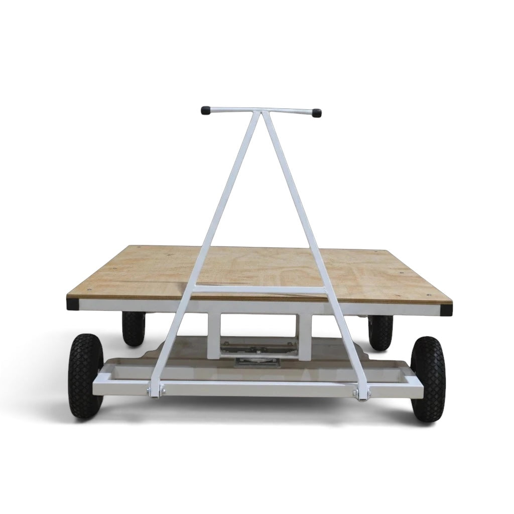 UK Gym Pits heavy duty horizontal mat trolley with a white steel frame, timber bed, and large pneumatic tyres.