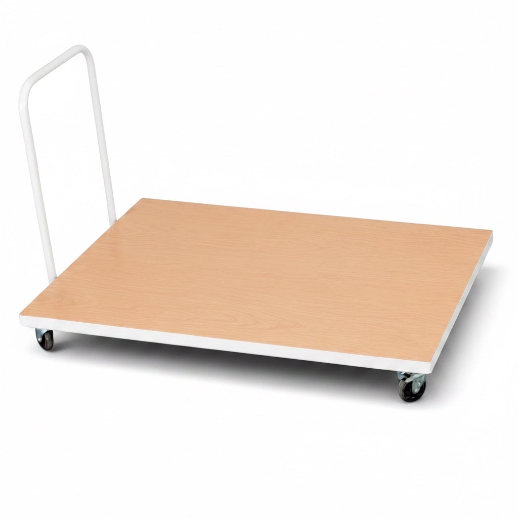 UK Gym Pits horizontal mat trolley with a light wood finish bed, white frame, and heavy duty castors.