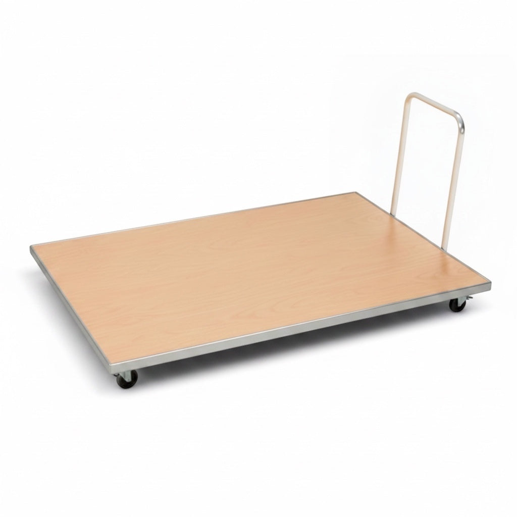 UK Gym Pits horizontal mat trolley with a wooden platform, metal frame, heavy-duty castors, and detachable blue handle