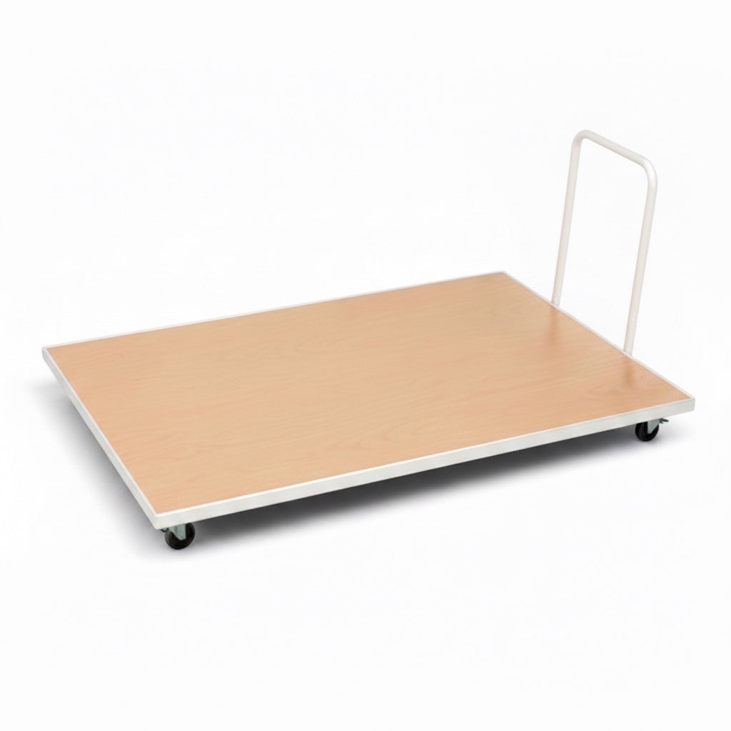 UK Gym Pits horizontal mat trolley with a wooden platform, white metal frame, and heavy-duty swivel castors.