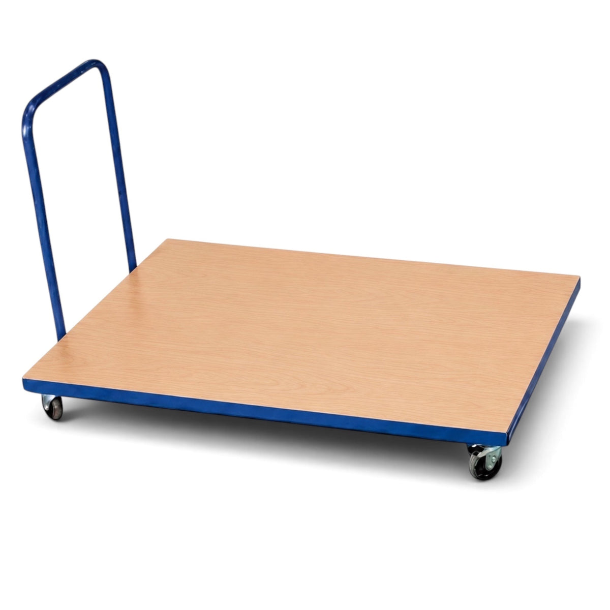 UK Gym Pits horizontal mat trolley with a wooden platform, blue metal frame, and heavy-duty castors.