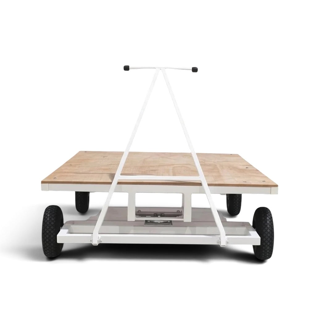 UK Gym Pits heavy duty horizontal mat trolley with white steel frame, timber bed, and large pneumatic tyres.