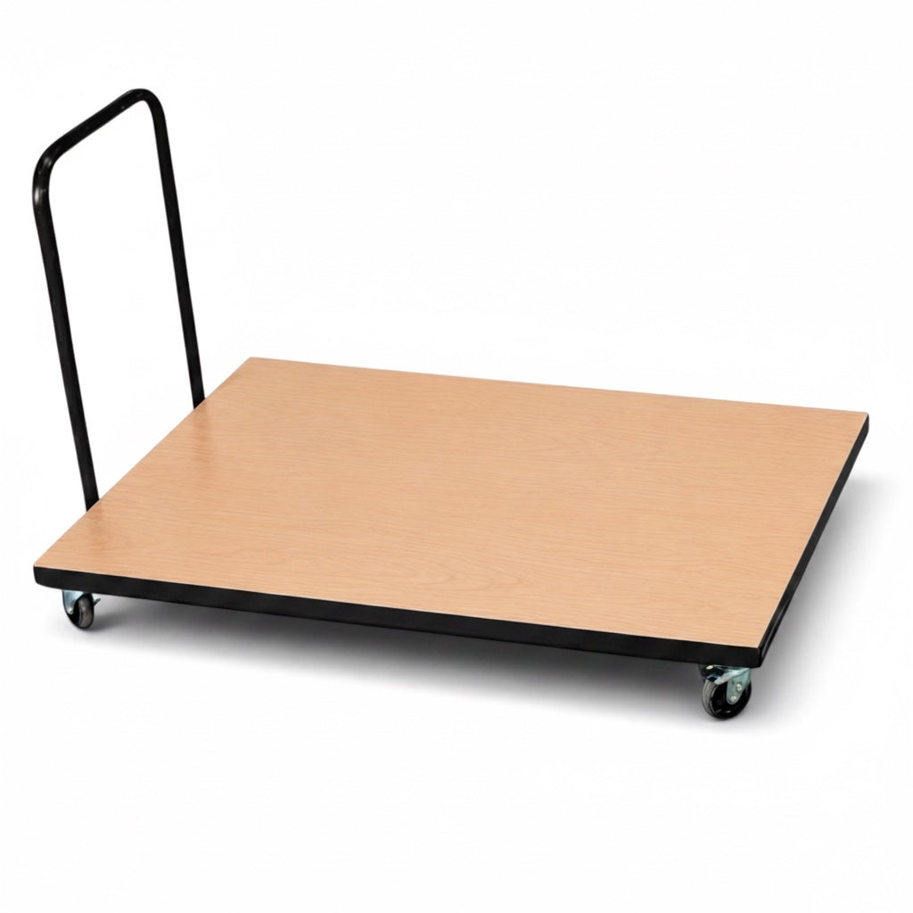 UK Gym Pits horizontal mat trolley with a wooden platform, black metal frame, and heavy-duty swivel castors.