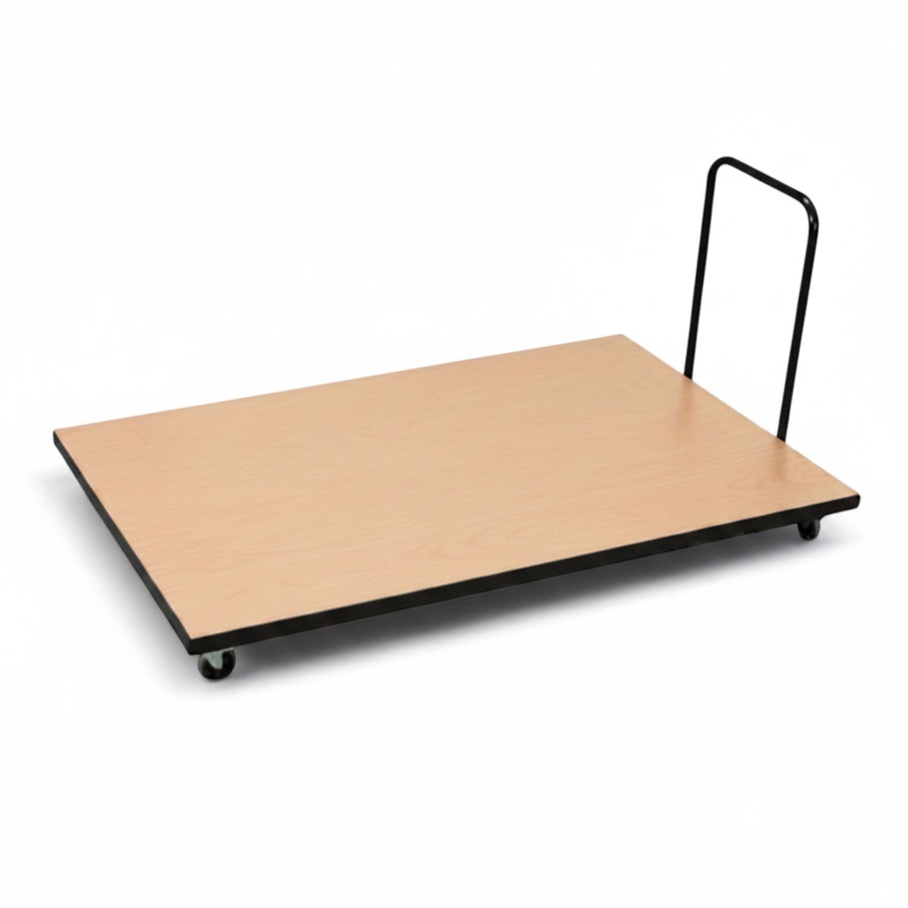 UK Gym Pits horizontal mat trolley with a wooden platform, black frame, and heavy-duty castors for gym equipment.