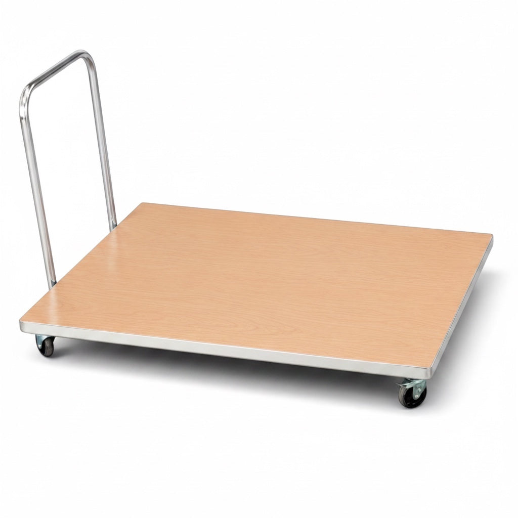 UK Gym Pits horizontal mat trolley with a light wood finish platform, metal frame, and heavy-duty swivel castors.