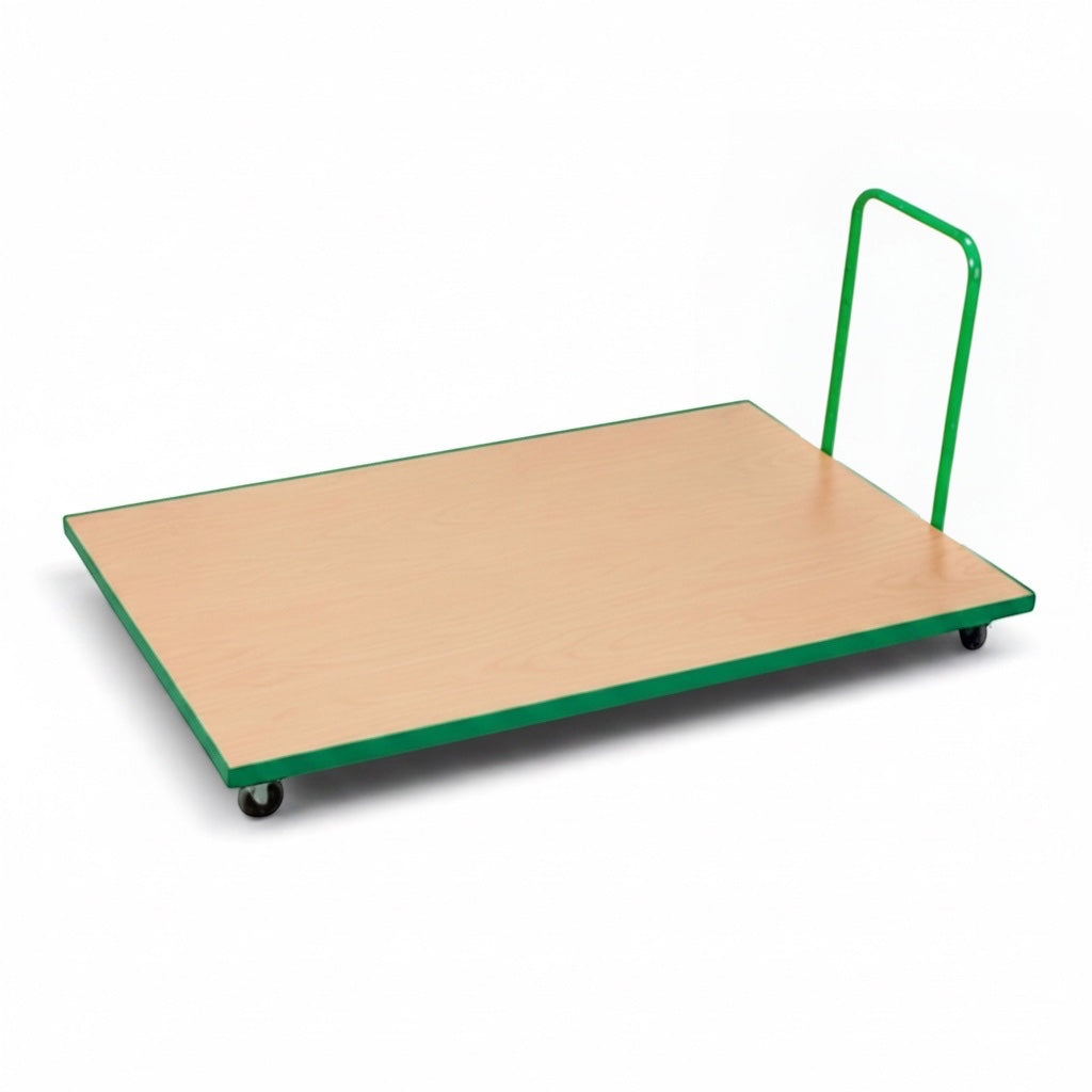 UK Gym Pits horizontal mat trolley with a wooden platform, green metal frame, heavy duty castors, and handle.