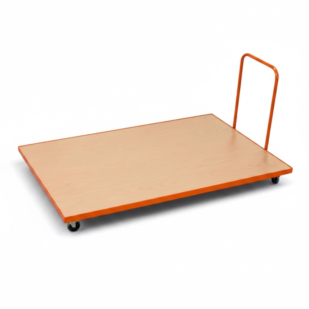 UK Gym Pits horizontal mat trolley with a wooden platform, orange metal frame, heavy duty castors, and handle.