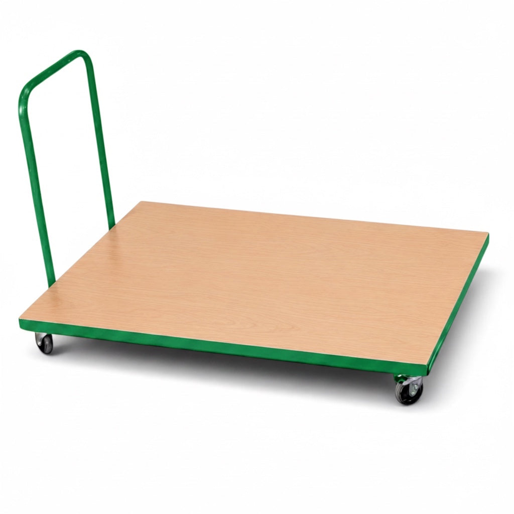 UK Gym Pits horizontal mat trolley with a wooden platform, green metal frame, detachable handle, and heavy-duty wheels.
