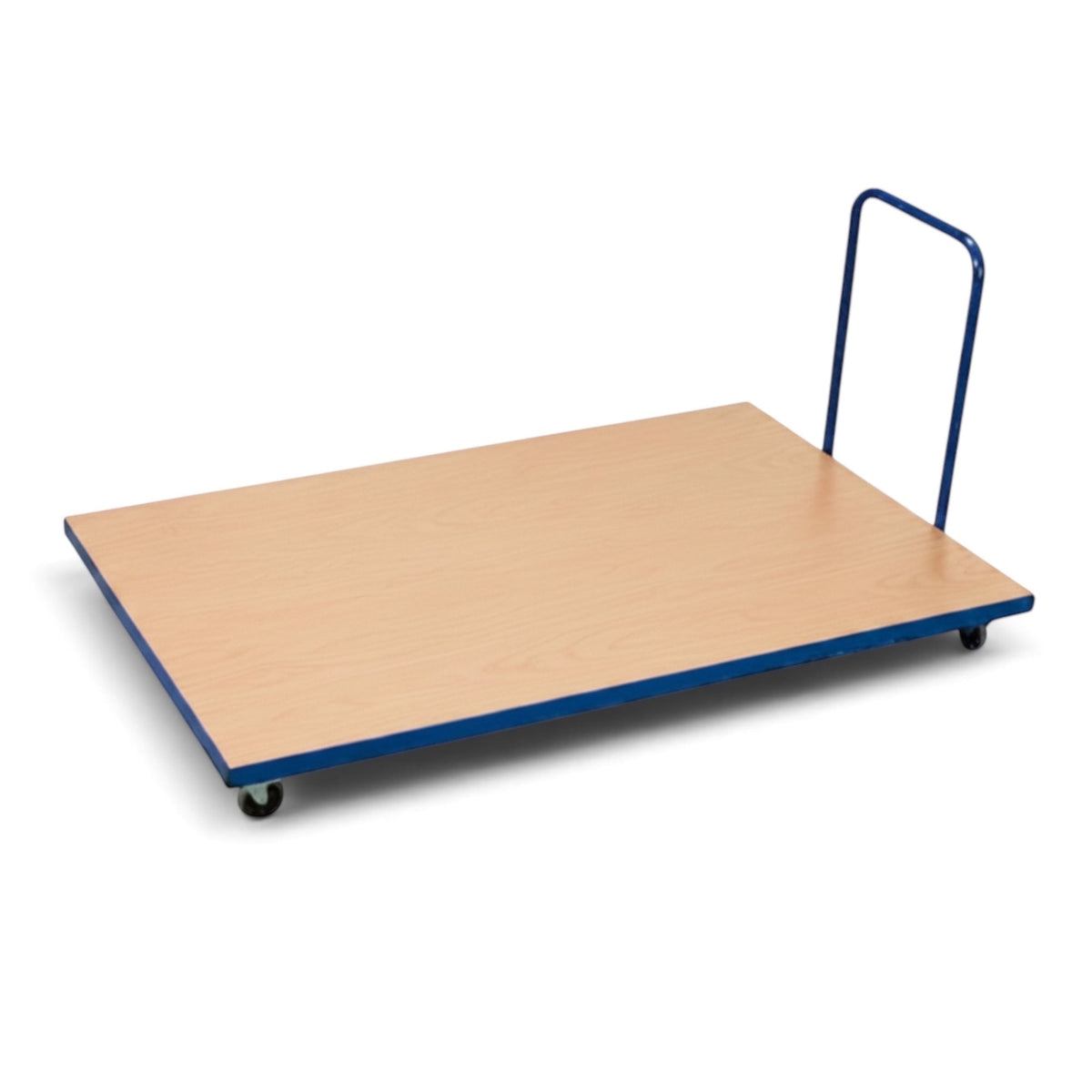UK Gym Pits horizontal mat trolley with a wooden platform, blue metal frame, and heavy duty castors for gym storage.