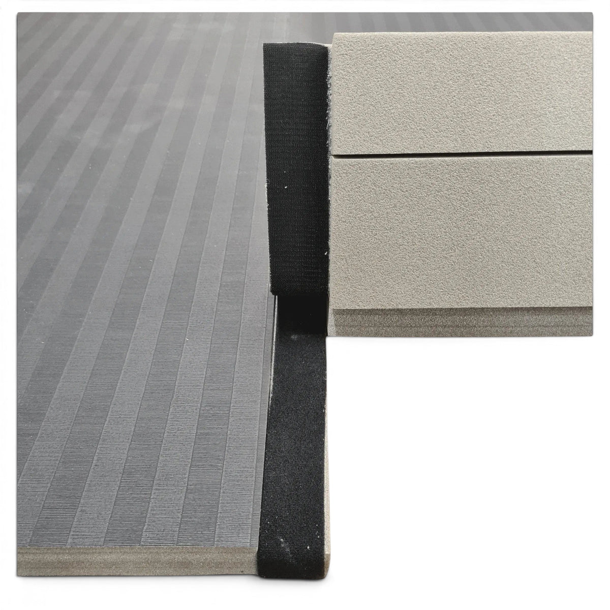 UK Gym Pits Hybrid Connect mat roll featuring a durable black tatami-textured PVC surface and integrated Velcro flap.