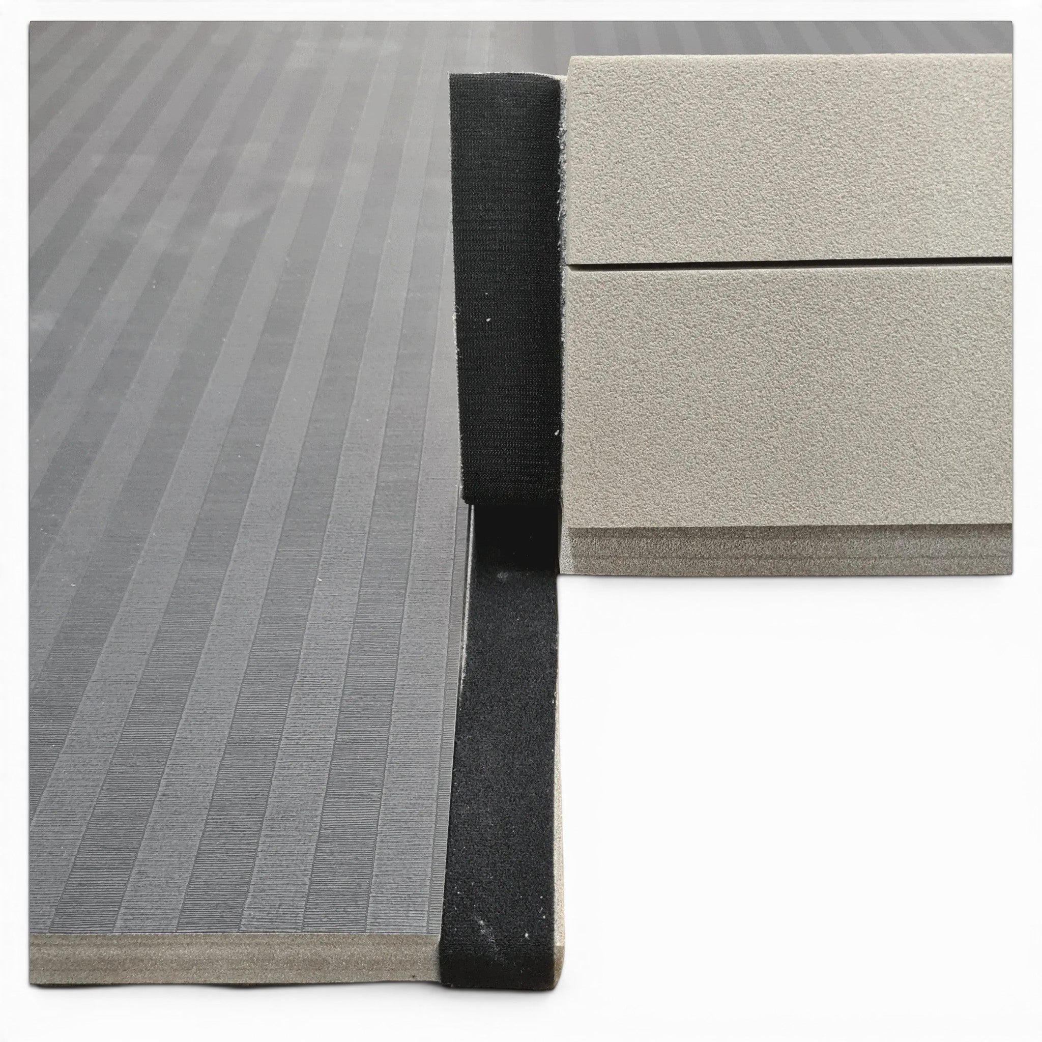 UK Gym Pits Hybrid Connect mat roll featuring a black tatami-textured PVC surface and integrated Velcro flap system.