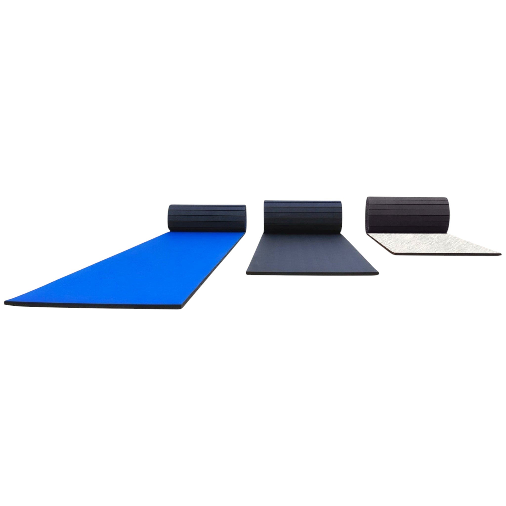 UK Gym Pits hybrid mat rolls in blue, black, and grey with a durable tatami-textured PVC surface for gym flooring.