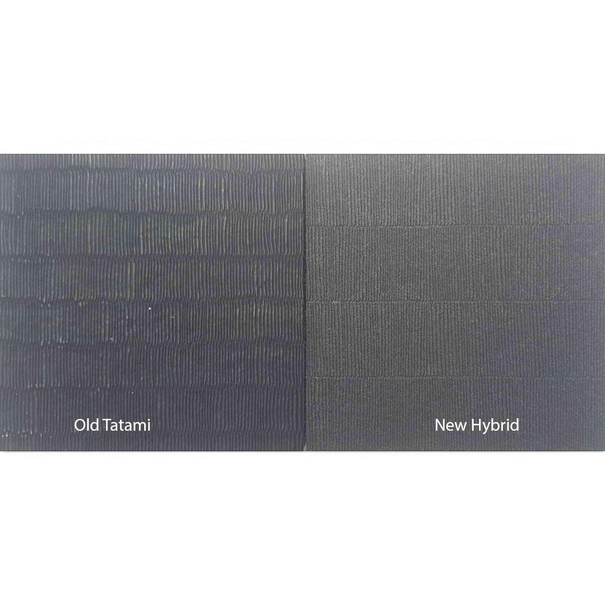UK Gym Pits hybrid mat roll surface texture comparison showing old tatami style versus new smooth hybrid PVC finish.