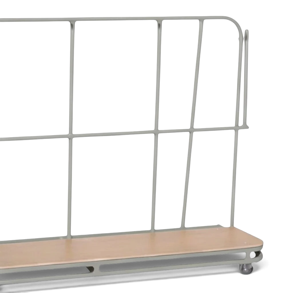 UK Gym Pits inclined vertical mat trolley with a grey metal frame and wooden base for gym equipment storage