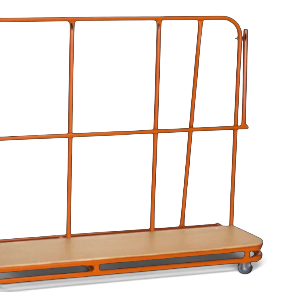 UK Gym Pits inclined vertical mat trolley with an orange metal frame and a flat base for transporting gym mats.