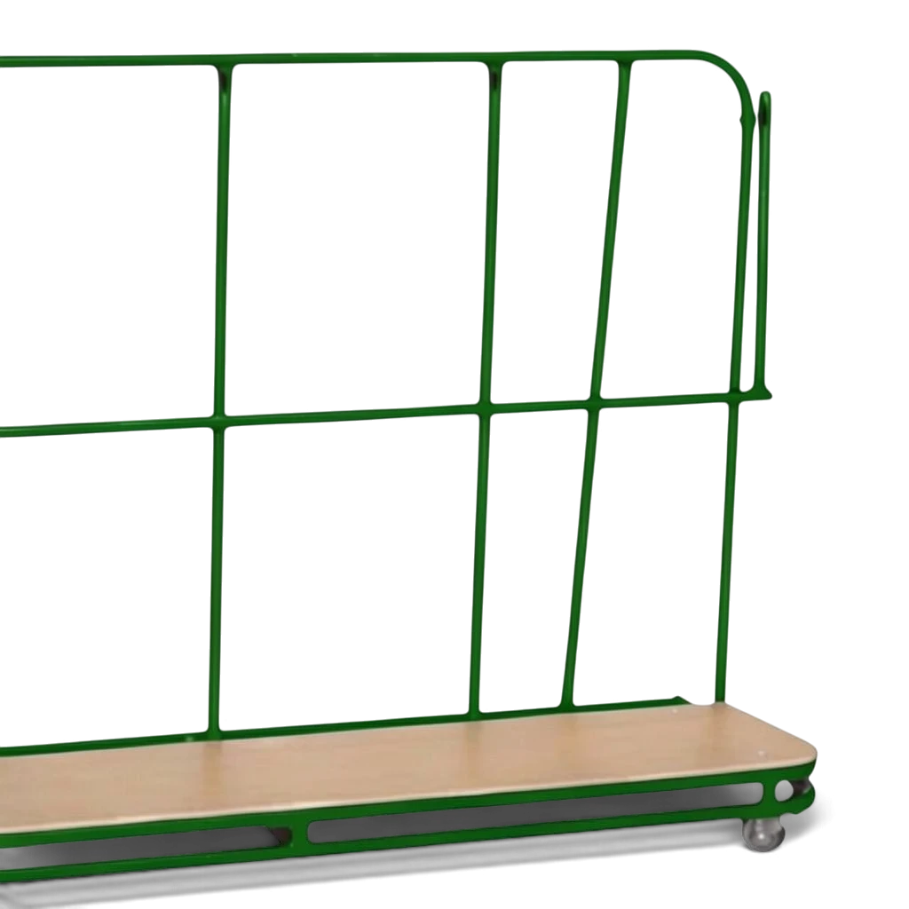UK Gym Pits inclined vertical mat trolley with a green metal frame and wooden base for storing gym mats.