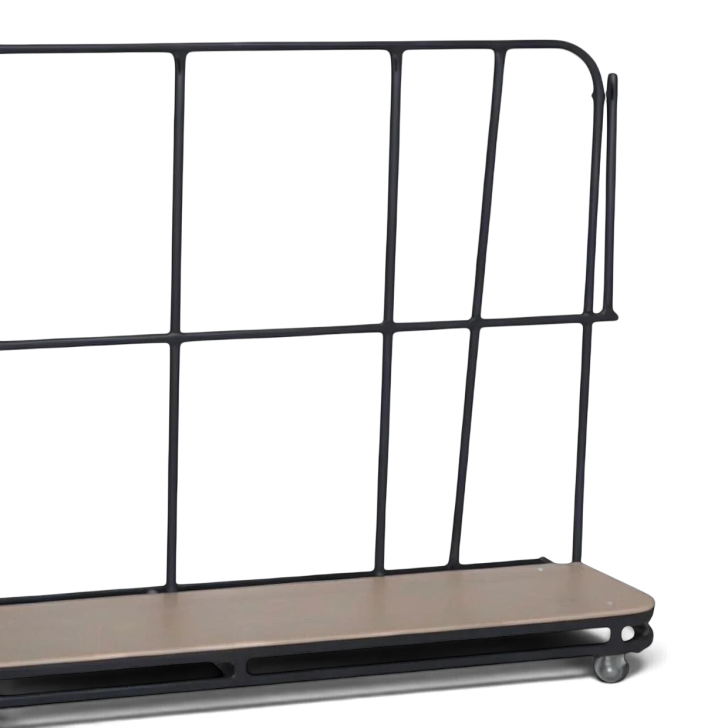 UK Gym Pits inclined vertical mat trolley with a black metal frame and sturdy base for transporting gym mats.