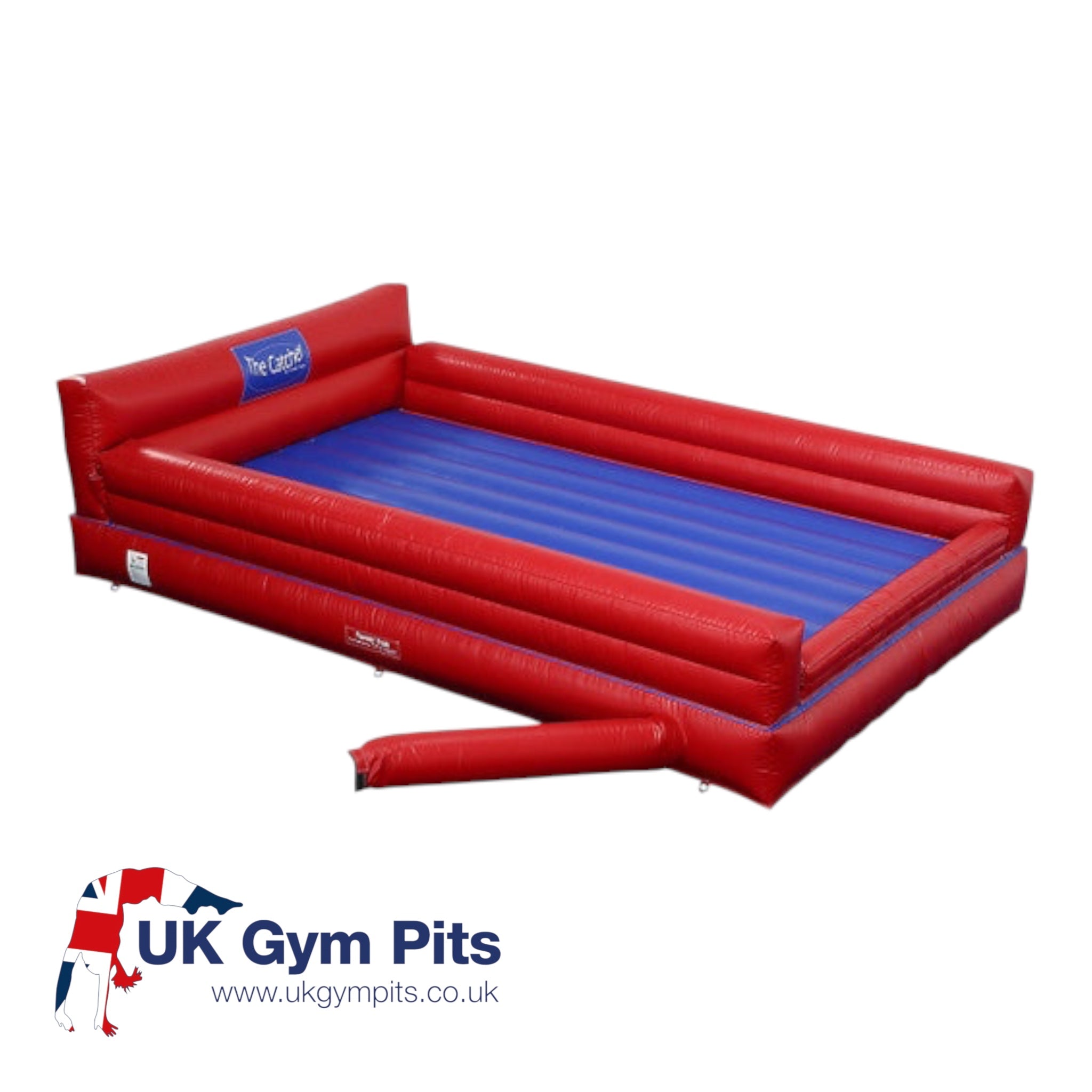 UK Gym Pits inflatable air catcher with red sides and a royal blue landing bed for gymnastics tumbling and training