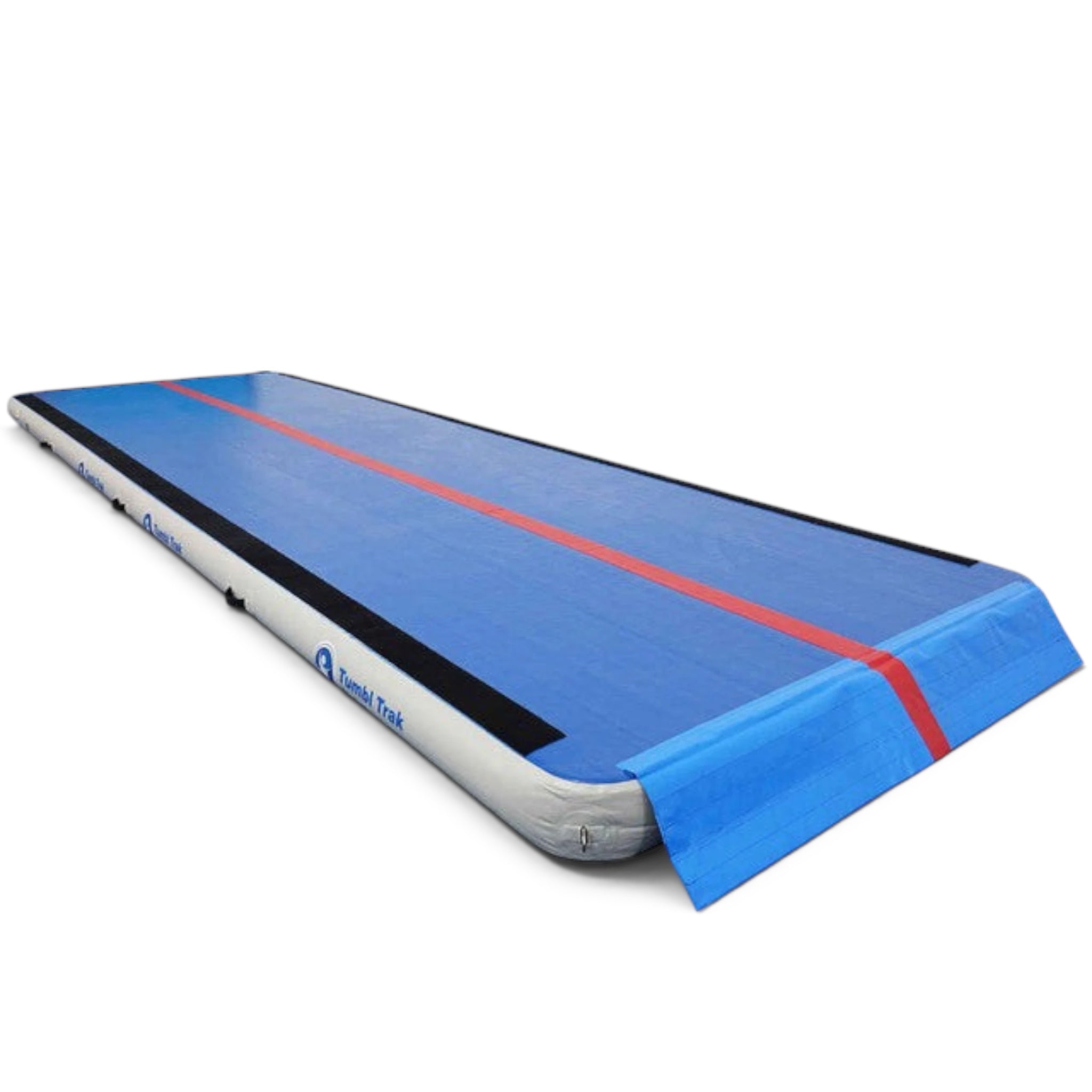 UK Gym Pits Inflatable Air Floor Pro with blue surface, red centre line, and Velcro extension flap for tumbling.