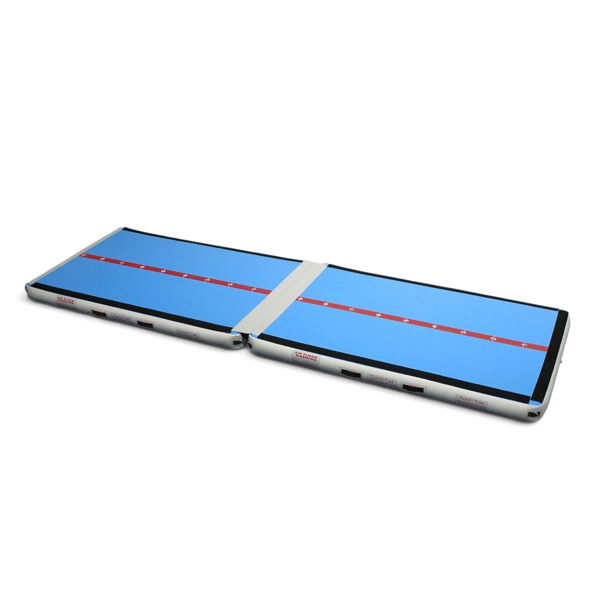 UK Gym Pits Inflatable Air Floor Pro with blue surface, red center line, and Velcro flaps for connecting multiple units.