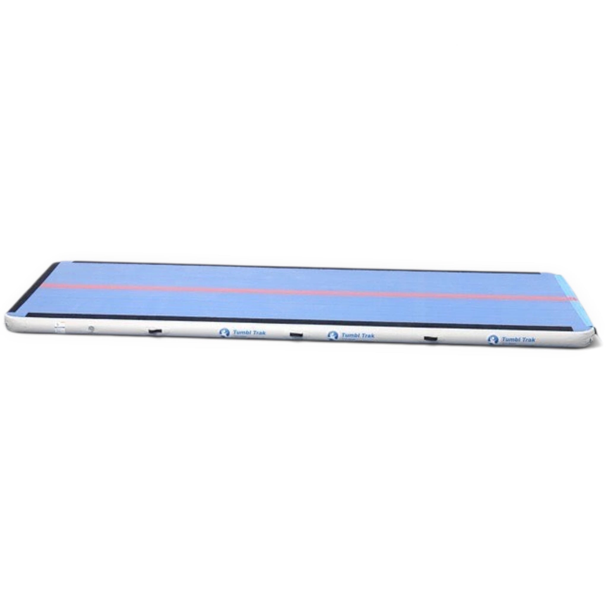 UK Gym Pits Inflatable Air Floor Pro with blue surface and red centre line for gymnastics and tumbling training