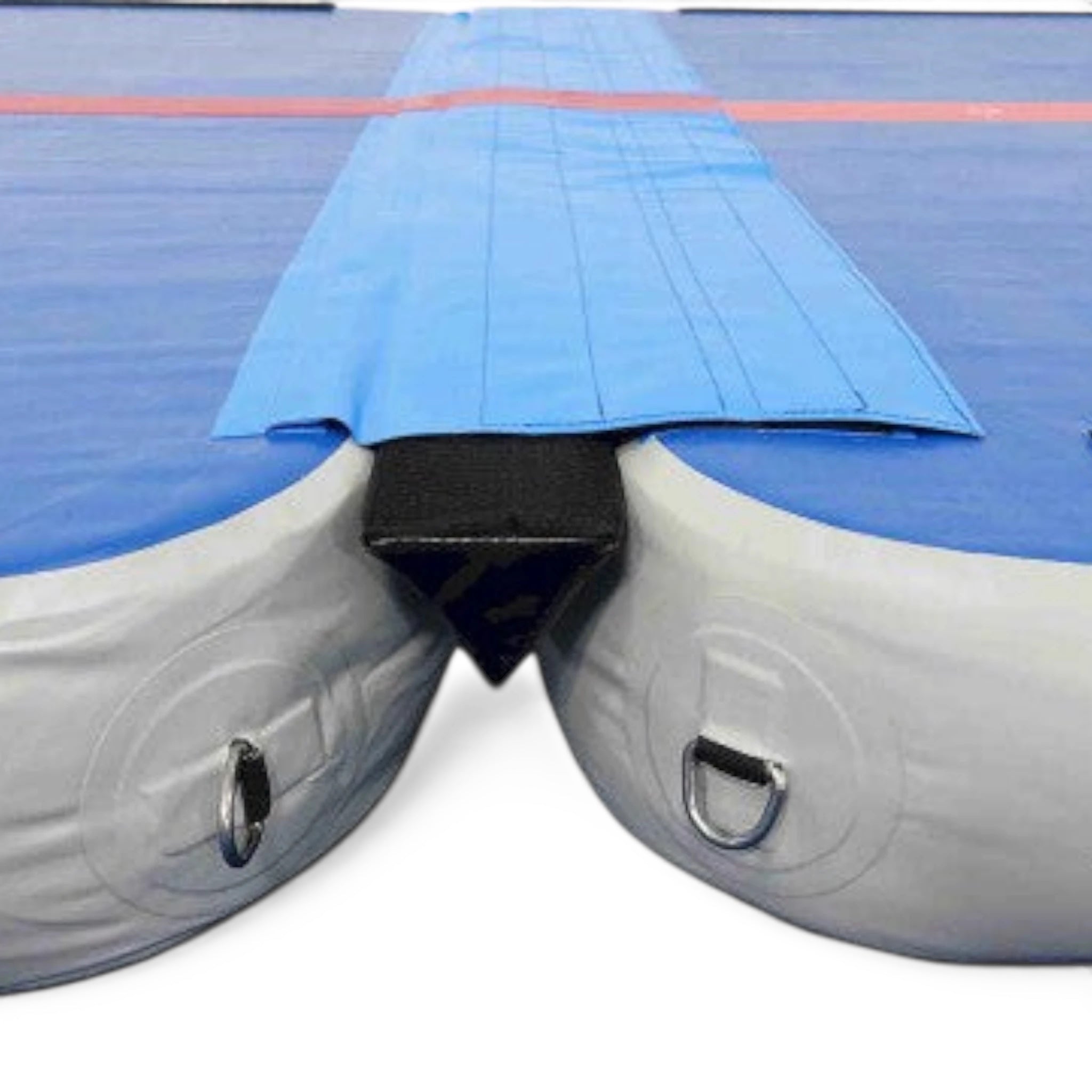 UK Gym Pits inflatable air floor pro with blue surface, red centre line, and Velcro extension flap for connecting units.
