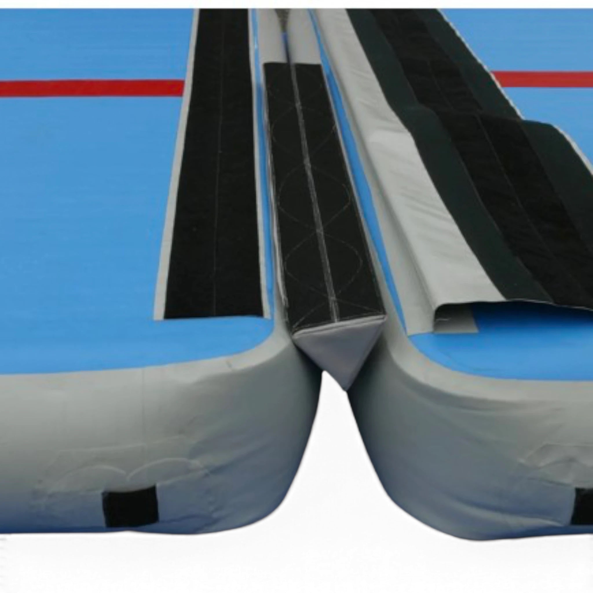 UK Gym Pits Inflatable Air Floor Pro showing blue surface with red centre line and Velcro extension flap connection