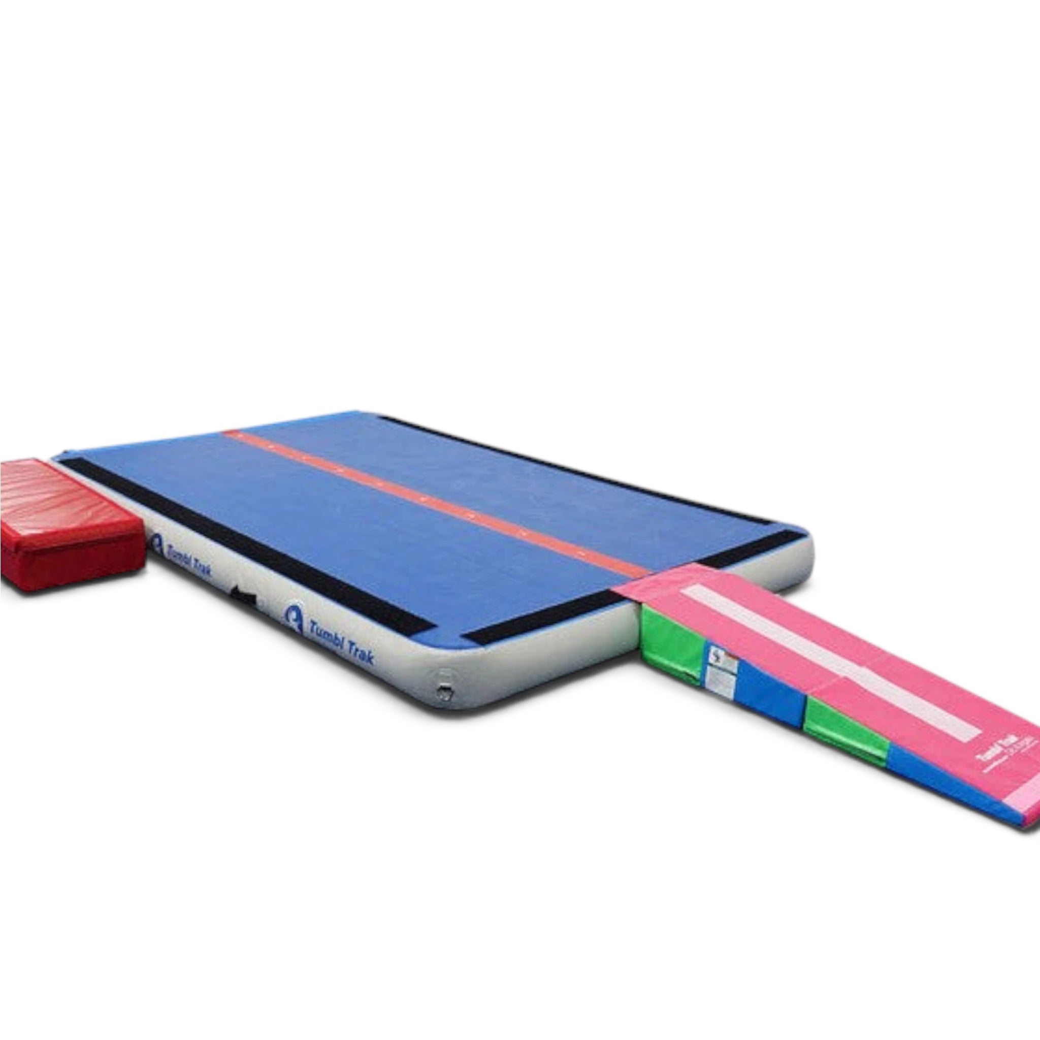 UK Gym Pits blue inflatable Air Floor Pro with red booster block and pink entry ramp for gymnastics training