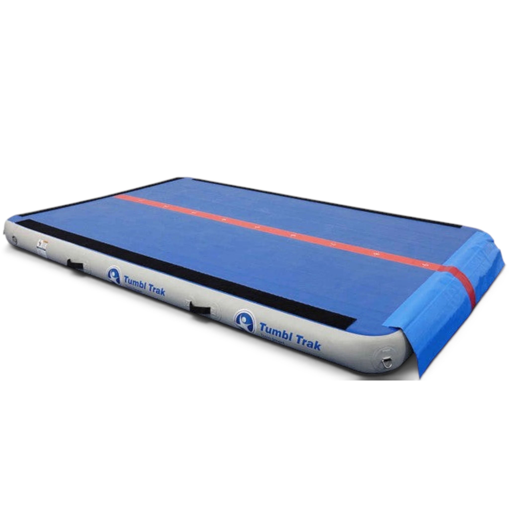 UK Gym Pits Inflatable Air Floor Pro with blue surface, red center line, and Velcro flaps for gymnastics training.