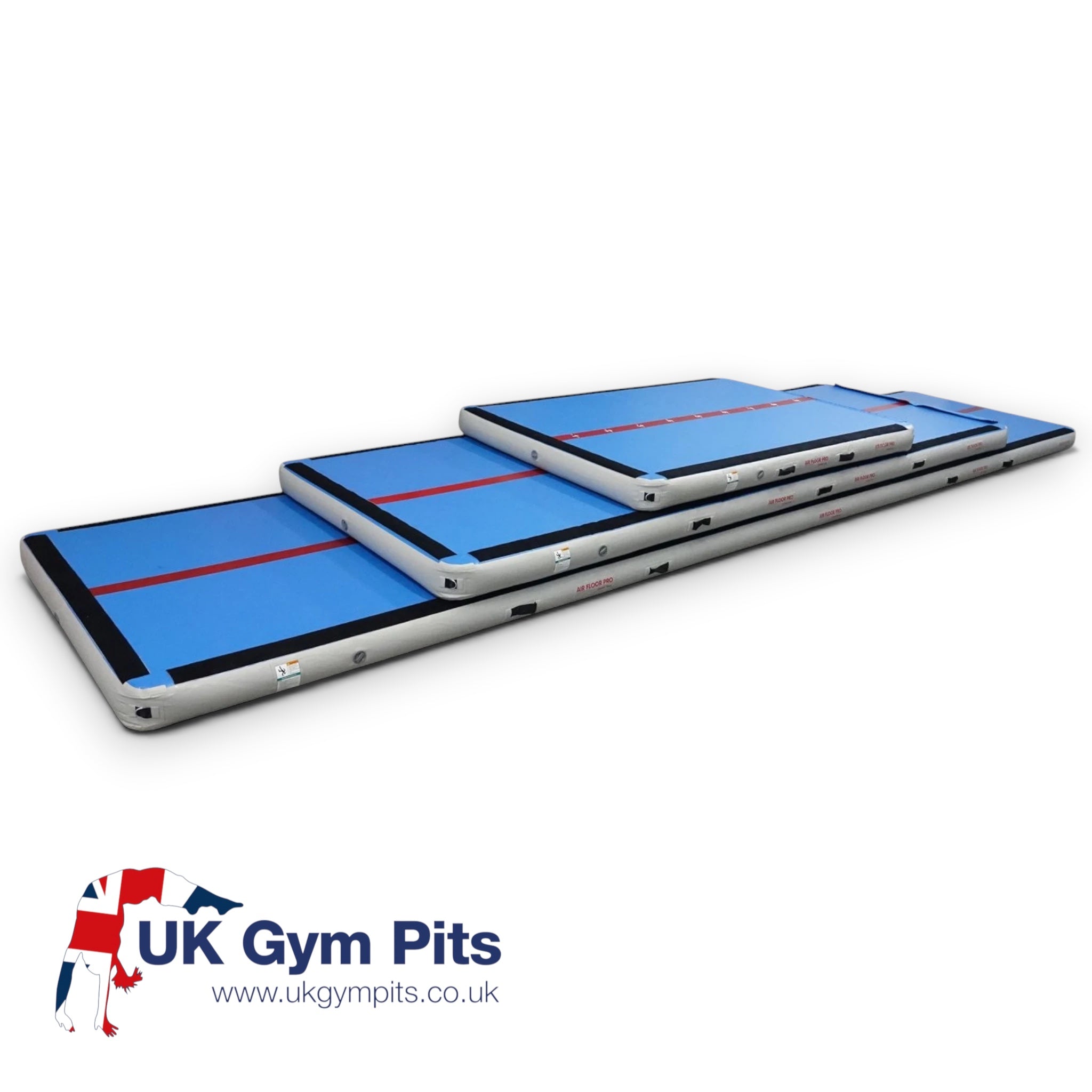 UK Gym Pits inflatable Air Floor Pro mats in blue and grey with red centre lines for gymnastics and tumbling training