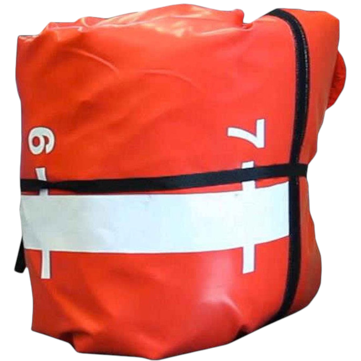 UK Gym Pits inflatable air platform in red vinyl, rolled up for storage with white measurement markings.