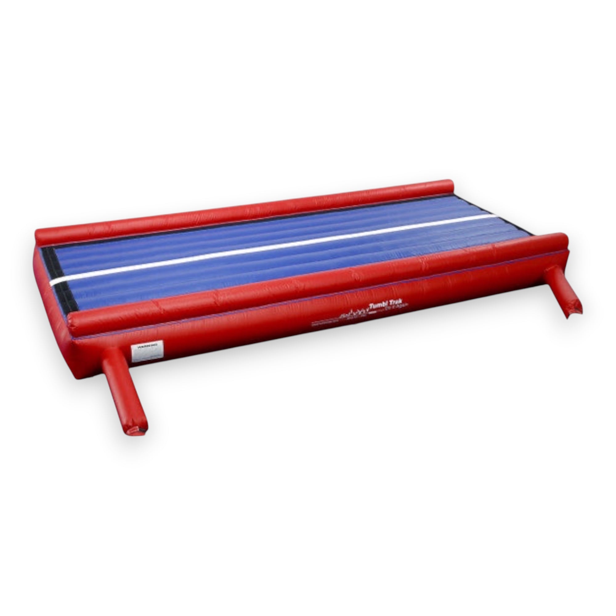 UK Gym Pits inflatable Air Trak gymnastics mat in red and blue with a white center line for training and tumbling.