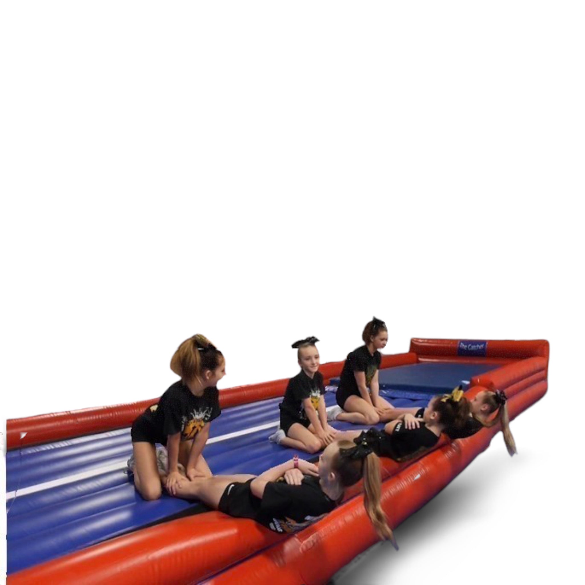 UK Gym Pits inflatable Air Trak in red and blue, used by gymnasts for training and skill development.